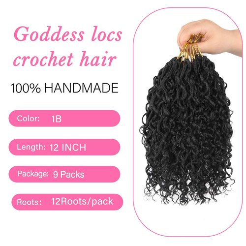 Sosihua Goddess locs crochet hair, 9 packs soft boho faux locs with curly ends bohemian crochet dreads for black women(12Inch,#1B)