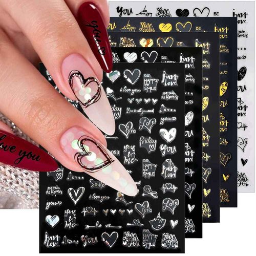 Valentine's Day Nail Stickers,Laser Love Heart Nail Decals 3D Self Adhesive Nail Art Stickers Letters Hearts Valentines Day Nail Designs Heart Stickers for Nails Women DIY Nail Supplies,6 Sheets/Set