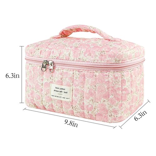 GISMTR Makeup Bag, Floral Quilted Cosmetic Bag, Large Travel Aesthetic Make up Bag, Cute Coquette Toiletry Bag for Women Girls