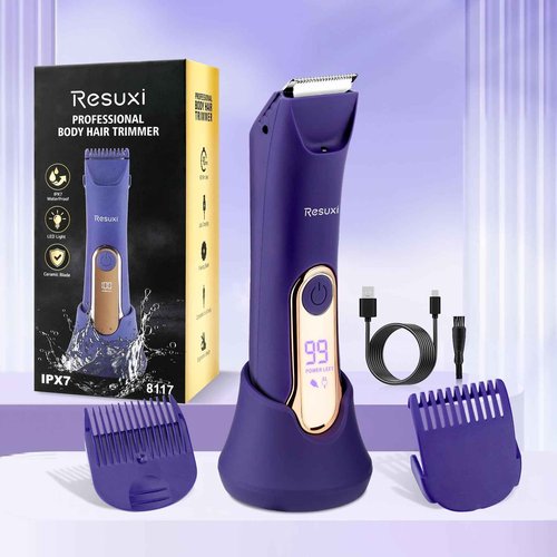 RESUXI Electric Bikini Trimmer for Women,Pubic Hair Trimmer Ceramic Blade Electric Razors Shaver for Underarm Leg Arm Body Hair Private Area,Wet/Dry IPX7 Waterproof Rechargeable LCD Display LED Light