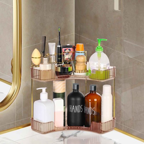 Cosmetic Display Cases Makeup Organizer: Corner Vanity Makeup Shelf Holder Multi-Function Bathroom Display box Cosmetic Storage Holder for Dresser,Fits Cosmetics, Perfume, Skincare(2-Tier,Amber Gold)