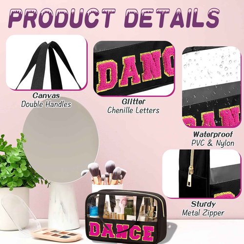AIHSUMC Dance Gifts Chenille Letter Bags, Clear Dance Makeup Bag with Handle and Zipper Nylon Portable PVC Storage Organizer Waterproof Travel Cosmetic Toiletry Bag for Women, Dance Competitors