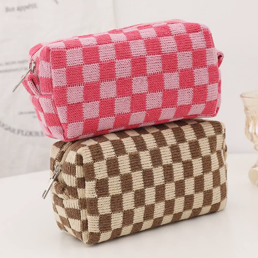 SxoSyo 2 Pcs Cosmetic Bags for Women Makeup Bag Purse Travel Toiletry Zipper Storage Pouch Make up Brushes Organizer for Gifts (Checkered, Brown 2)