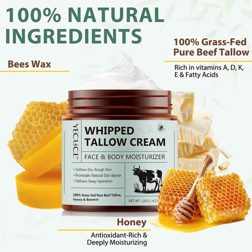 2 Pack Beef Tallow for Skin, Tallow and Honey Balm, All Natural Moisturizer Hydrates and Nourishes the Skin, Deeply Moisturizing for Face & Body, Organic Grass Fed Whipped Beef Tallow & Honey Beeswax