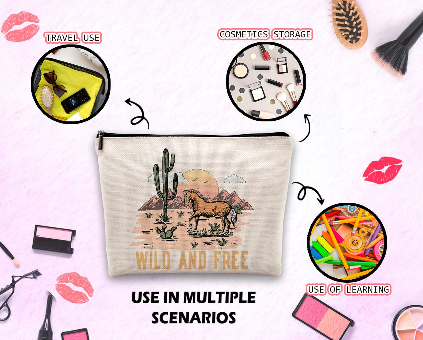 Dwept Wild and Free Cowgirl Cosmetic Bag, Wild West Retro Western Horse Cactus Desert Makeup Bag Zipper Cosmetic Pouch Bag Travel Linen Makeup Organizer, Cowgirl Gifts for Women Girls Teen Girls Her