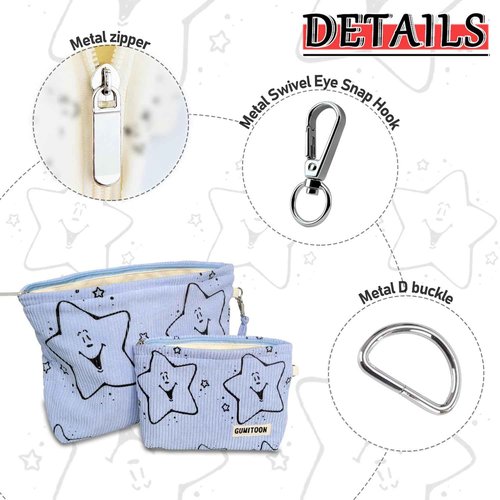 GUMITOON 2pcs Blue Star Corduroy Makeup Bag for woman-aesthetic cute stuff as pouch case and purse organizer for girl-cosmetic travel toiletry bag small baggu glossier