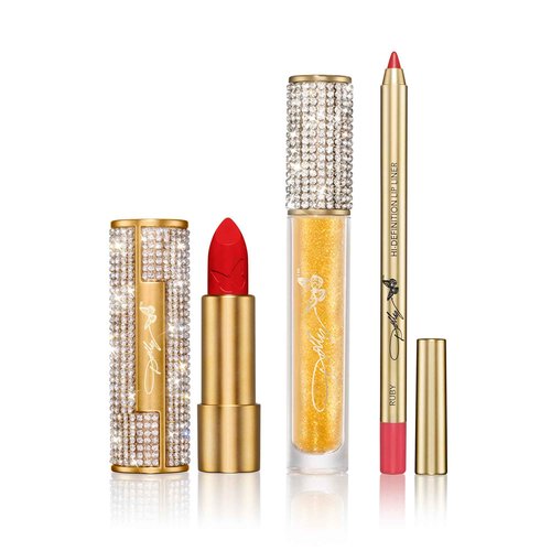 Dolly Beauty Jolene Red Lip Bundle - Heaven's Kiss Lipstick in Jolene Red, Hi-Gloss Lips Lip Gloss in Gold Dust, and Hi-Definition Lip Liner in Ruby - 3 Pack
