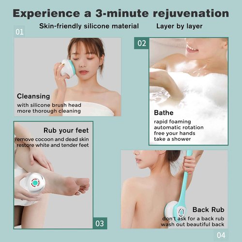 AZKSUN Electric Shower Brush, Body Scrubber, Facial Brush, Exfoliate, with 5 Shower Heads（White）