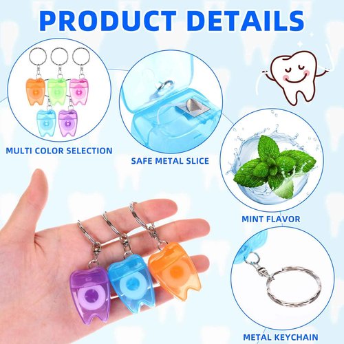 Landical 100 Pcs Mini Dental Floss Keychain Bulk Tooth Shaped Portable Floss Cleaning for Travel Homeless Donated Gifts Teeth Cleaning Oral Care 15 M /16.4 Yard (Multicolor)