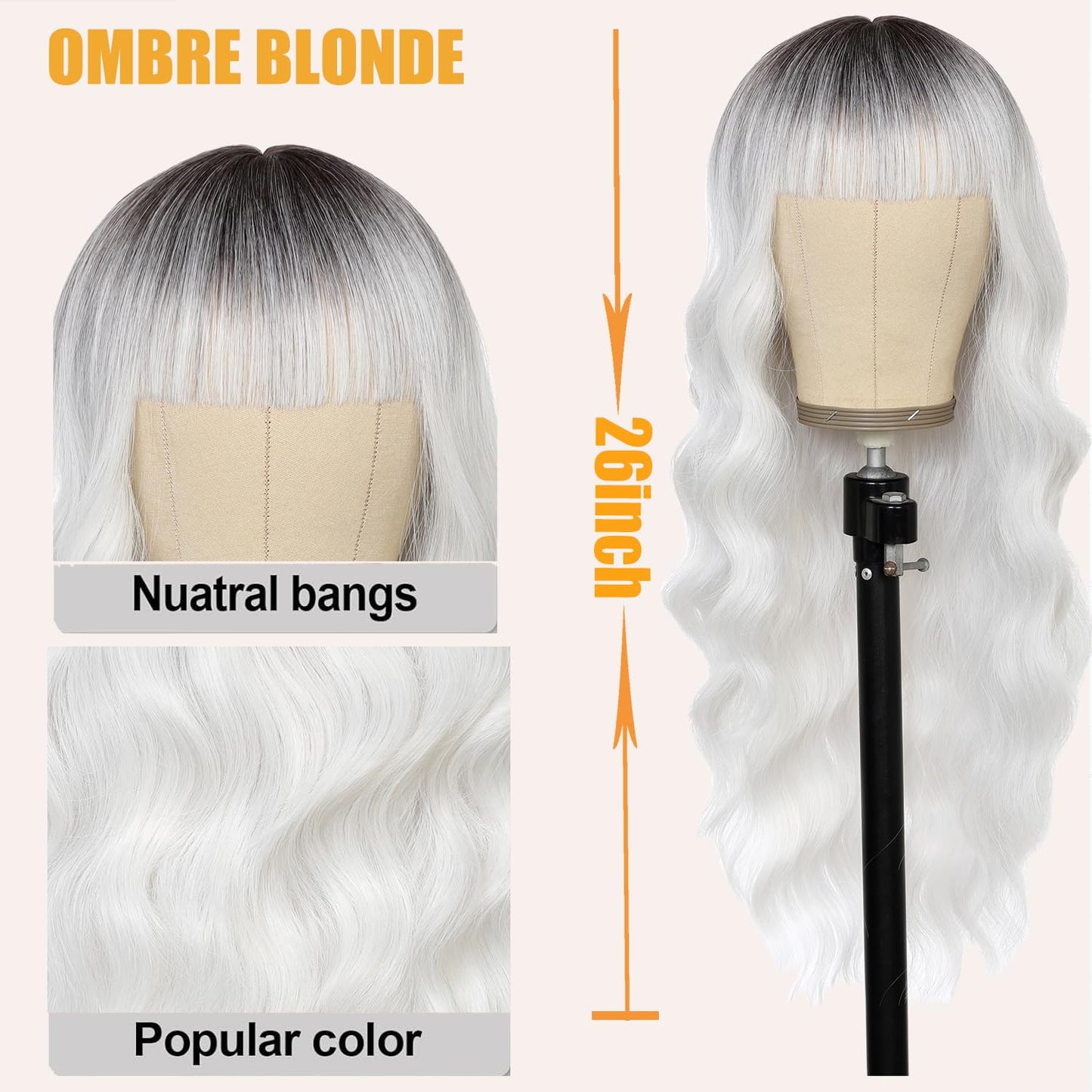 punhurt White Wig with Bangs 26 Inches Long Wavy Curly Wig for Women Synthetic Wigs Ombre White Wig with Bangs Long Wavy Wig Hair Dark Root Synthetic Wigs Heat Resistant Fiber White wigs for women