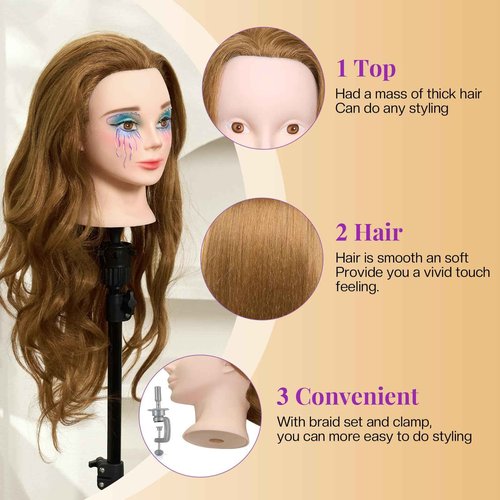 Mannequin Head with 80% Real Human Hair with Tripod Stand - 28" Makeup Cosmetology Manikin Doll Head for Hair Styling, Hairdressing Training Head for Braiding Practice Suitable for Hair Extensions
