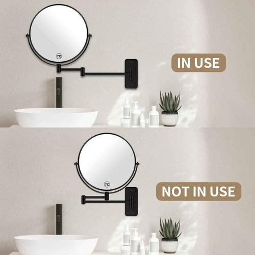BTremary 8” Wall Mounted Magnifying Makeup Mirror 1X/7X Wall Mount Mirror Swing Arm Two-Sided 360° Swivel Bathroom Shaving Mirror for Men and Women in Hotel/Home, Black