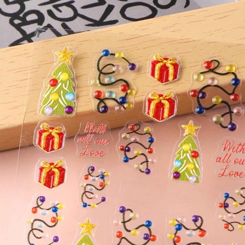 IDDFEVE 2 Sheets Embossed Christmas Nail Stickers, 5D Colorful Light String Self-Adhesive Nail Art Decals for Women Girls DIY Winter Xmas Tree Manicure