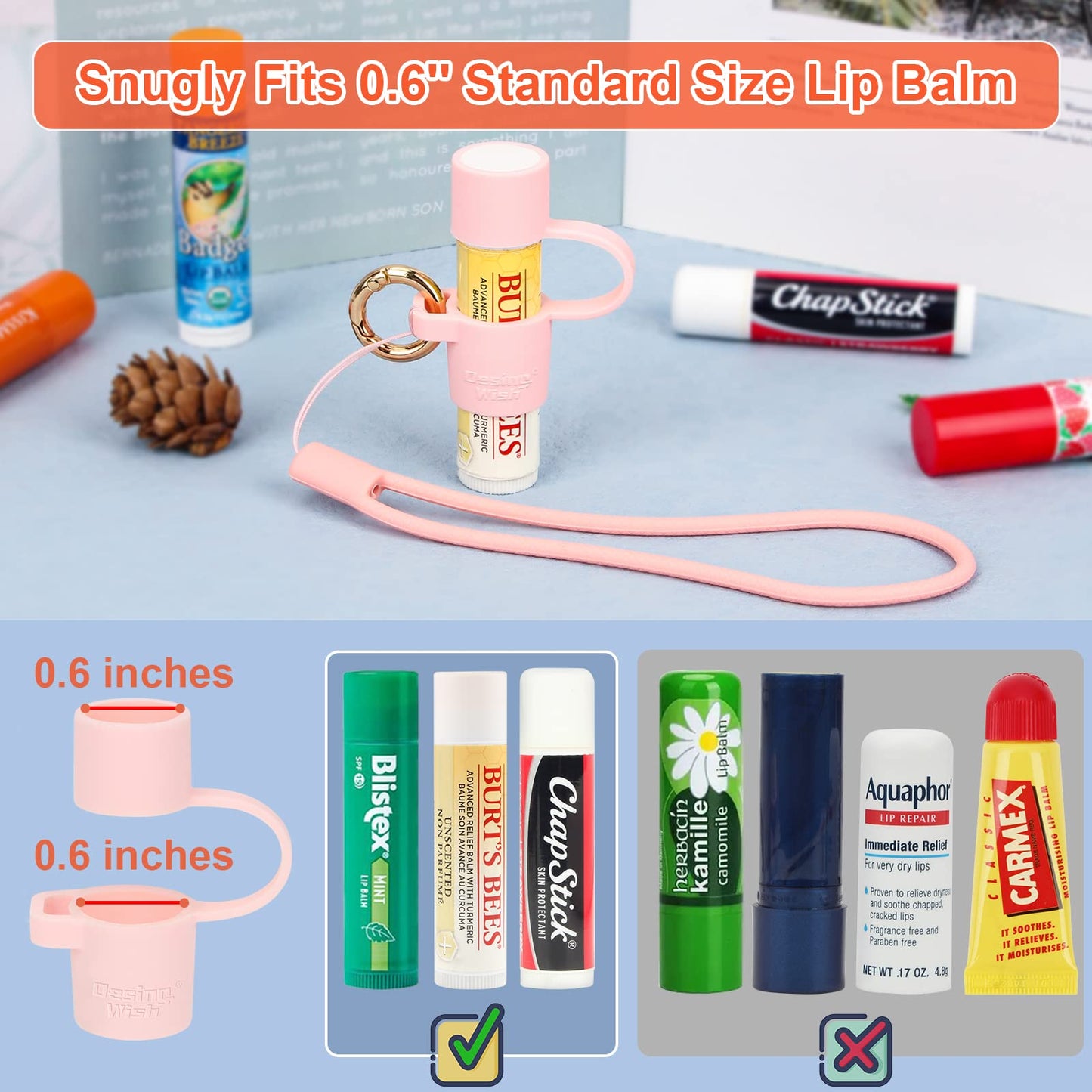 Desing Wish Silicone Lip Balm Holder with Cap Cover Portable Chapstick Holder Keychain Sleeve Lip Balm Key Chain with Key Ring and Wrist Strap Lanyard - Pink