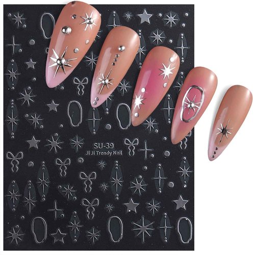 Star Bow Nail Stickers Decals Gold Silver Laser Purple Nail Art Decals Self-Adhesive Designs Nail Art Stickers for Women DIY Nails Decorations Star Nail Decals Accessories