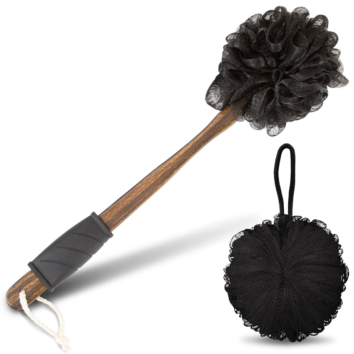 Vive Shower Loofah with Handle (17”) - Lufa on a Long Stick - Luffa Bath Sponge for Men & Women - Back Cleaner, Body Scrubber for Cleansing and Exfoliating - includes Hook & String to Hang on Wall