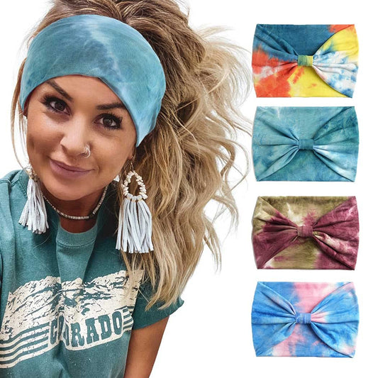 Gangel Tie Dye Headbands Wide Turban Knotted Head Wraps Boho Hair Scarf Yoga Hair Accessories for Women and Girls(Pack of 4) (Type D)