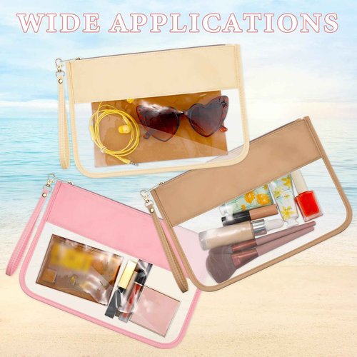 Sanwuta 3 Pcs Clear Zipper Pouches - Nylon Makeup Bags Cosmetic Travel Toiletry with Zipper, Preppy PVC Flat Pouch for Women Girls(Pink, Beige, Brown)