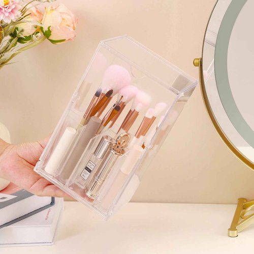 LOHRYVIO Acrylic Makeup Brush Holder with Slanted Flip-Top Lid - Clear Dustproof Cosmetic Make up Brush Organizer and Storage Box - Large Capacity 17-Slots Container for Vanity Brushes (Transparent)
