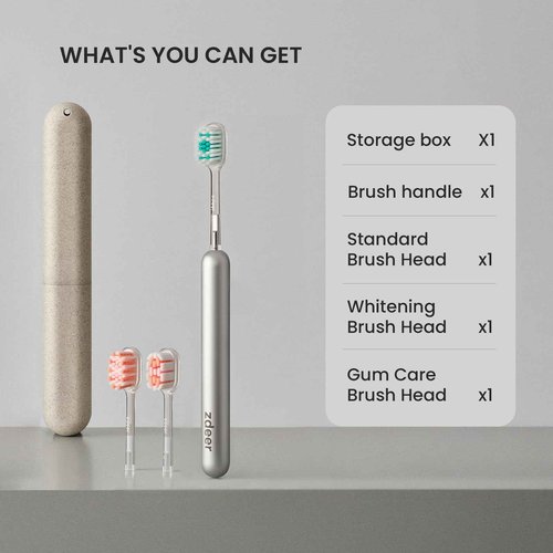 ZDEER Manual Toothbrush for Adults, Full Metal Handle, 3 Replaceable Toothbrushes Heads (Whitening, Gum Care, Cleaning), Eco-Friendly Portable Travel Toothbrush