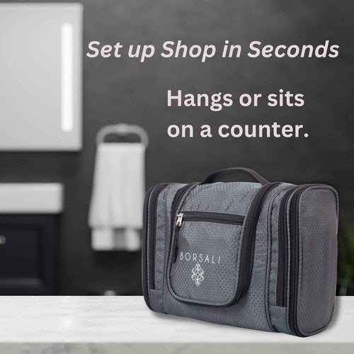 BORSALI Hanging Toiletry Bag for Women with Mirror - Medium Travel Bag for Toiletries & Travel Essentials - Compact Yet Roomy - 22 Compartments & Mesh Back Pocket - Sturdy Swivel Hook