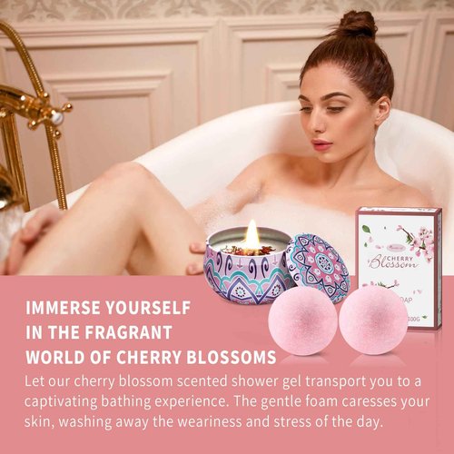 Beautifier Life Bath and Body Gift Set for Women - Luxurious Home Spa Gift Set,Japanese Cherry Blossom 7-Piece Set Including Shower Gel,Body Lotion,Bath Oil,Bath Salt,Soap,Bath Bombs and Candle