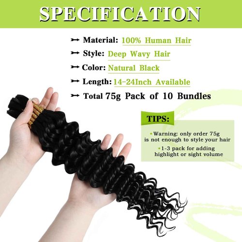 Human Braiding Hair 12A Deep Water Wave Bulk Human Hair 75g 18 Inch No Weft 10 Braids Per Pack Wet and Wavy Braiding Natural Black