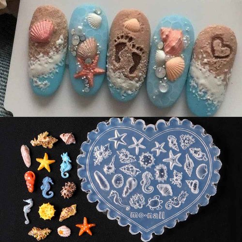 3D Nail Art Molds Mini Size Silicone Mold Ocean Themed Sea Shell Starfish Conch Turtle Seahorse Carving Template Resin Mould for Jewelry Making Embossed Stencils