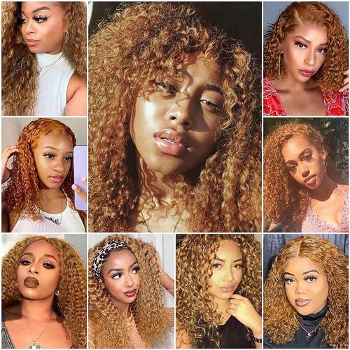 Honey Blonde Human Hair Bundles 14 16 18 Inch Kinky Curly Wave Bundles Human Hair Unprocessed Native Virgin Hair 100/PC 3 Extensions #27 Blonde Color Wet and Wavy Human Hair Extensions for Women