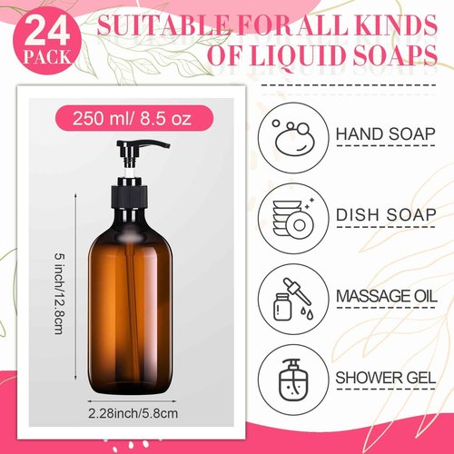 Tessco for you 24 Pcs Amber Soap Dispenser Empty Plastic Pump Bottles Refillable Shampoo Container for Hand Sanitizer Soap Lotion Body Wash Conditioner Bathroom Kitchen Travel, 8.45oz
