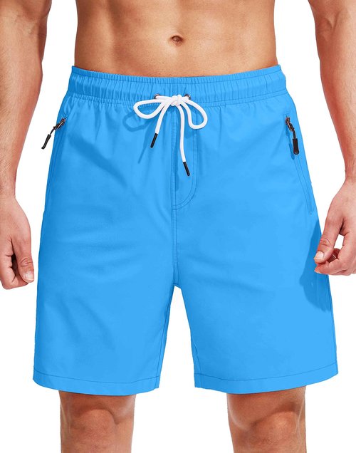 Viodia Men's Swim Trunks with Compression Liner Quick Dry Board Shorts Swimsuit Swimwear for Men with Zipper Pockets Blue
