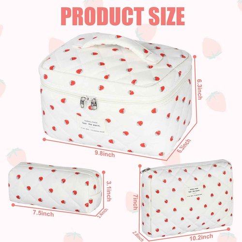BuyCard Quilted Makeup Bag Set, 3Pcs Cotton Floral Cosmetic Bags, Cute Aesthetic Coquette Makeup Bag Travel Cosmetic Organizer with Toiletry Pouch & Brush Holder for Women, Strawberry Beige