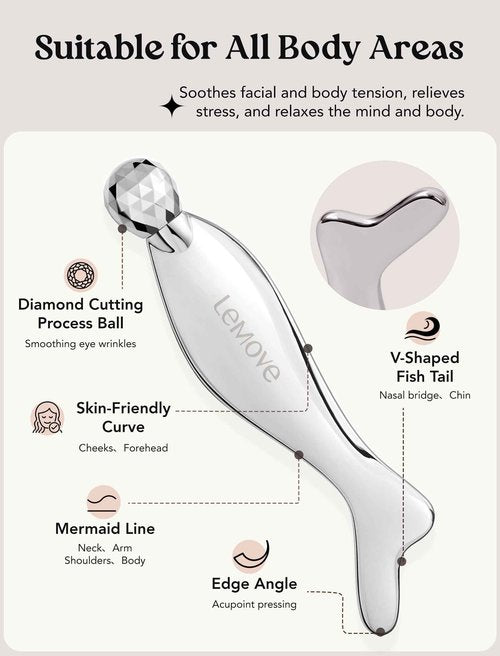 4-in-1 Gua Sha Facial Tools, Facial Roller, Skin Care Roller with Stainless Steel, Face Ice Roller to Reduce Dry Eyes, Puffiness, Headache & Eye Strain, Gift for Women and Men-Silver