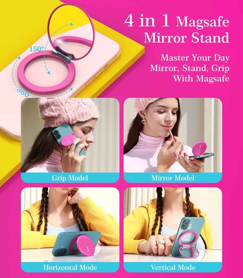XWE Cell Phone Stand Compatible with Magsafe Mirror Mount [Anti-Scratch & Portable] Girls Women Magnetic Travel Makeup Mirror Desk Fits for iPhone 16/15/14/13/12 Plus Pro Max (Fuchsia)