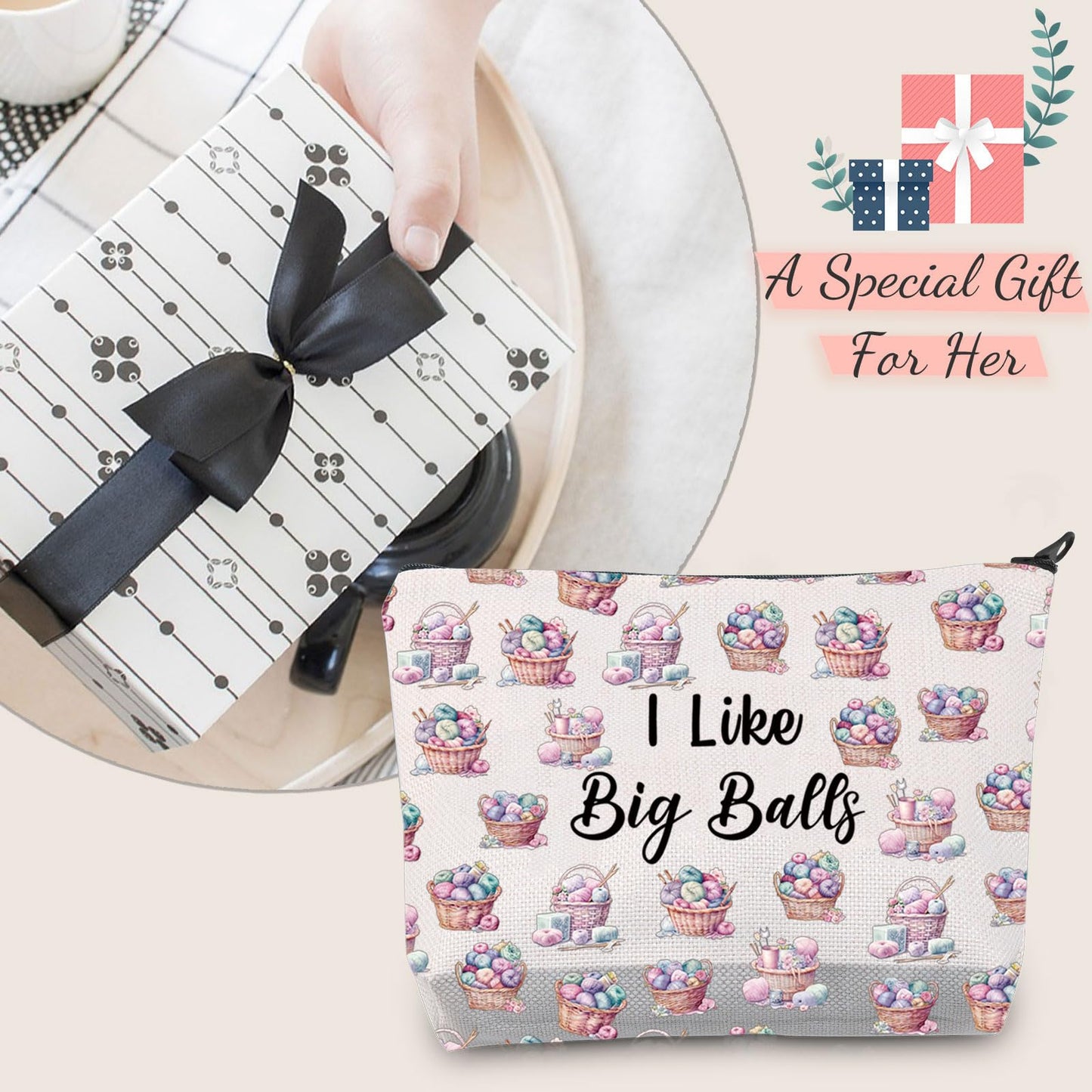 JXGZSO Crochet Cosmetic Bag Knitting Project Bag I Like Big Balls Make Up Bag Funny Knitting Gift For Knitter (i like big balls bag)