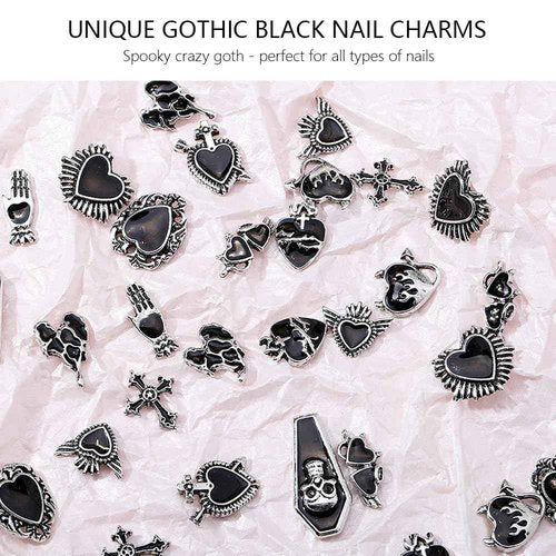 Y2K 3D Chrome Gem Nail Charms - Black Gothic Set with Cross, Heart, Tombstone, Red & Retro Designs - DIY Bracelet Charms（Black） (Black+Silver)