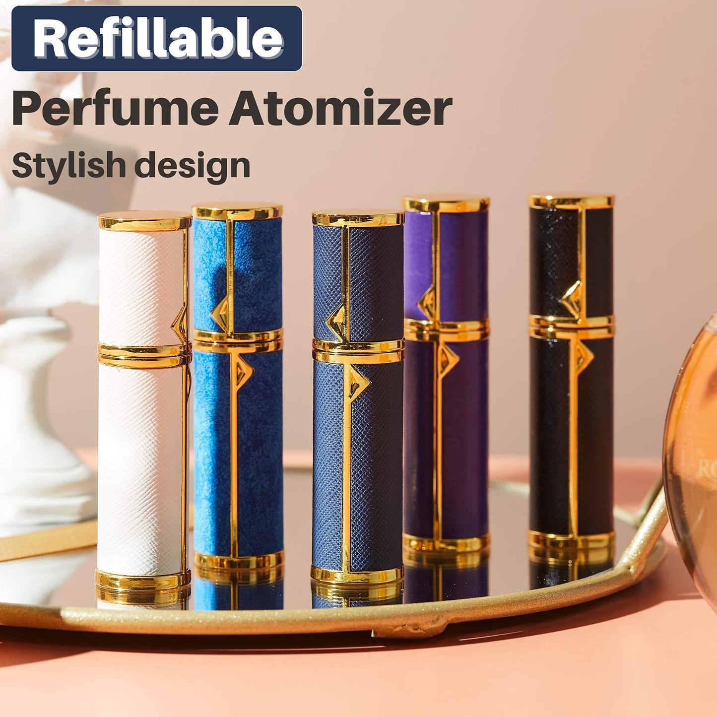 BRARIOS Refillable Portable Mini Perfume Atomizer for Travel, 5ml Luxury Empty Leakproof Pump Perfume Spray bottle Atomizer for Man and Woman (White(GD))