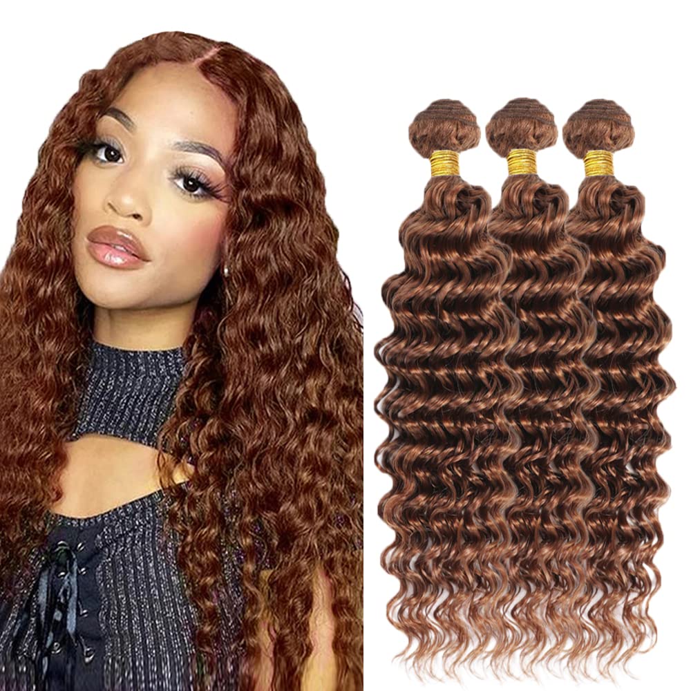 24 24 24 Inch Color #30 Deep Wave Bundles Brown Human Hair Bundle Brazilian Virgin Brown Wet and Wavy Bundles Human Hair Double Weft Light Brown Human Hair Bundles Color #30