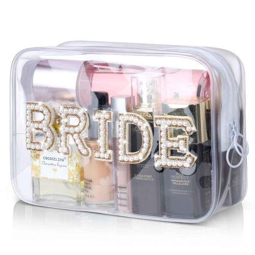 Etercycle Bride Clear Makeup Bag, Bridal Shower Gifts Engagement Cosmetic Bag, Bling Pearl Rhinestone Letter Patches Waterproof PVC Travel Organizer for Women Wedding Bachelorette Party (Gold)