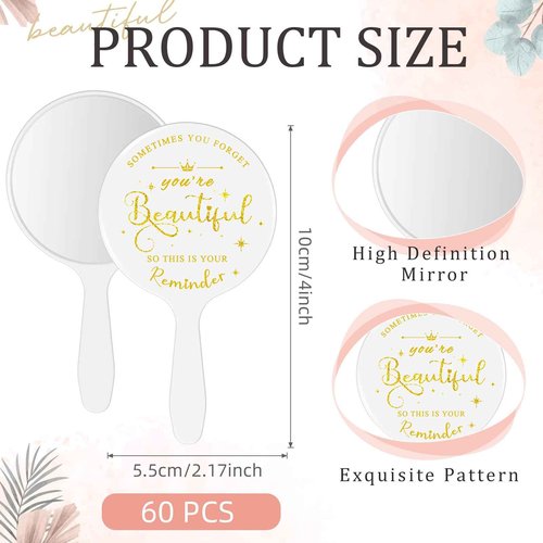 Threehoney 60 Pcs Small Handheld Mirror Bulk Inspirational Compact Portable Travel Makeup 3.94 x 2.16 Inch Mini Round Mirror with Handle Employee Appreciation Gifts for Women Coworker Friend(White)