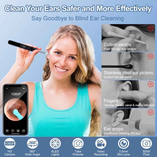 Ear Wax Removal, Ear Cleaner with 1080P HD Camera, with 6 LED Lights/IP67 Waterproof Lens/8 Traditional Tools Ear Wax Removal Kit, Rechargeable Ear Cleaning kit for iOS/Android/Tablet, Black
