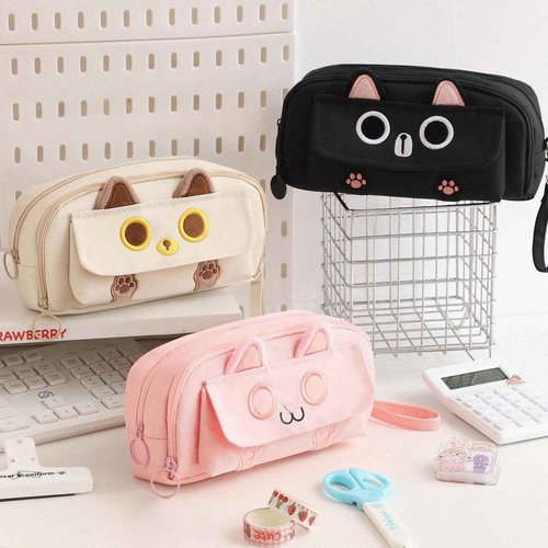 NIORYUZ Kitty Cat Pencil/Pen Pouch 4-Layers Extra Capacity Cosmetic Organizer Pen Brush Holder Mesh Pockets (4 Layers - Black)