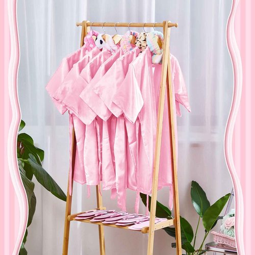 Jecery 18 Pcs Spa Party Supplies for Girls 6 Satin Kimono Robe 6 Spa Headband 6 Disposable Foam Pedicure Slippers (Pink,Size 10)