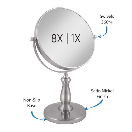 Zadro 9" W x 13" H Round Non-Lighted Makeup Mirror 8X 1X Magnifying Makeup Mirrors Rotating Head Makeup Mirror for Desk