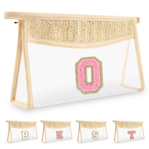 Boho Straw Clear Initial Makeup Bag, Small Cute Cosmetic Zipper Pouch Beige Chenille Varsity Letter Toiletry Bag, Monogrammed Travel Toiletry Makeup Organizer Personalized Gifts for Women(Letter O)
