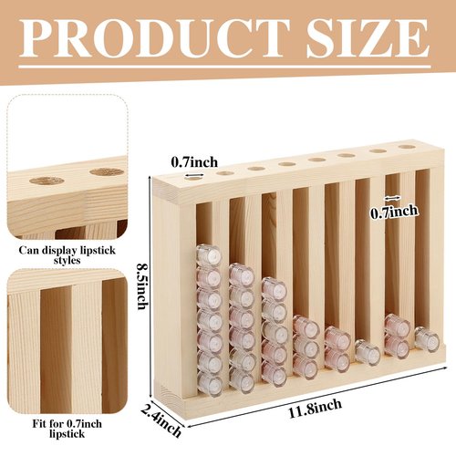 Wonderjune Wooden Lipsticks Holder 0.7 inch Lip Balm Tube Holder Lip Gloss Organizer Display Wood Lipsticks Tube Tower Organizer for Market Craft Booth Room Display (8 Slot)