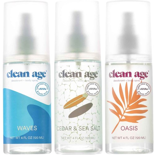 CLEAN AGE - Aluminum Free Deodorant & Body Spray for Whole Body - 3 Pack 4oz ea - Cedar, Oasis and Waves - Clean Deodorant and Body Spray for Teen Boys and Girls - With AHA Fights Body Acne