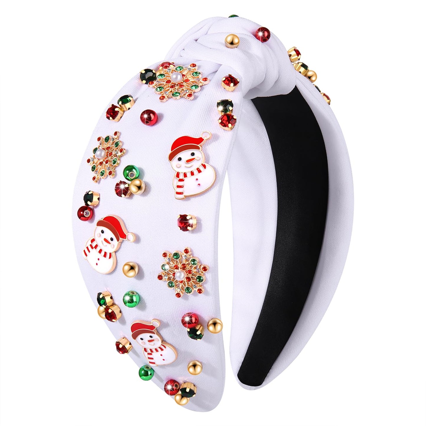 PHALIN Christmas Holiday Headband for Women Christmas Accessories Reindeer Snowflake Candy Cane Knotted Headband Red Green Beaded Rhinestone Pearl Wide Top Knot Headband Xmas Plaid Hairband (Snowman)