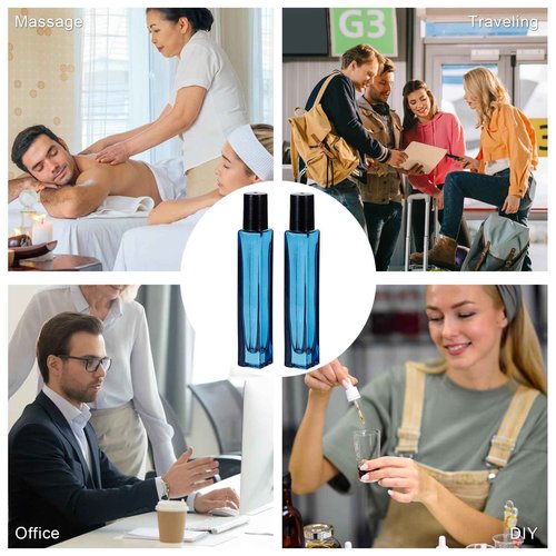 Yebeauty Glass Roller Bottles for Essential Oils 10ml Compact Travel Roll on Bottles for Oil Massage with Stainless Steel Balls, 12 Pack Perfume Rollerball Empty with Opener, Funnels, Droppers, Blue
