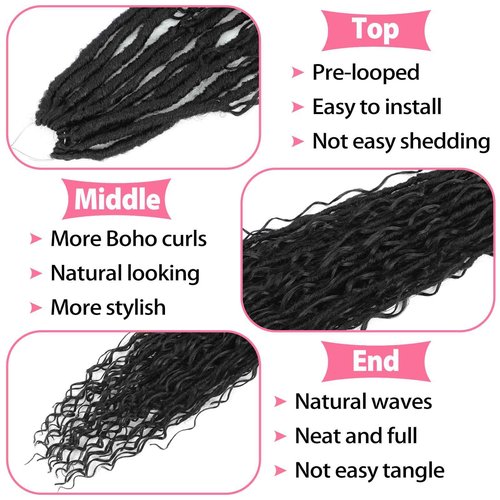 Boho Faux Locs Crochet Hair 24 Inch Goddess Locs 8 Packs Boho Soft Locs Crochet Hair with Curly Ends Pre-looped Long Bohemian River Locs for Black Women (1B, 24 Inch(Pack of 8))